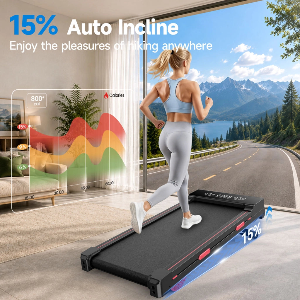 Tapis Roulant Salvaspazio con Pendenza Automatica 15%, Walking Pad da Scrivania Motore Senza Spazzole Silenzioso 2,5CV, 150kg, Telecomando e APP