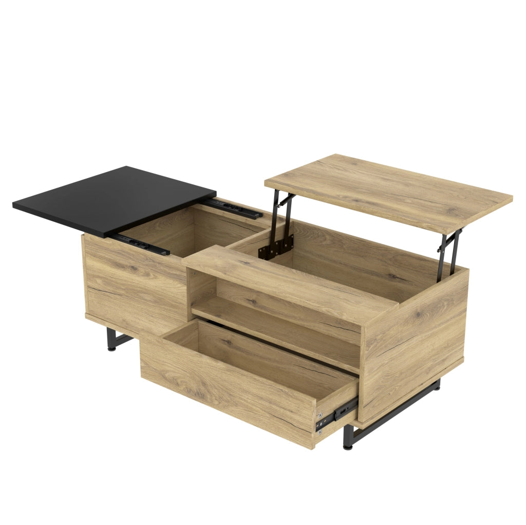 Tavolino da soggiorno multifunzionale con piano regolabile in altezza, LED integrato e ampio spazio contenitivo, struttura in metallo, finitura legno e nero, 103,5x50x27,5 cm