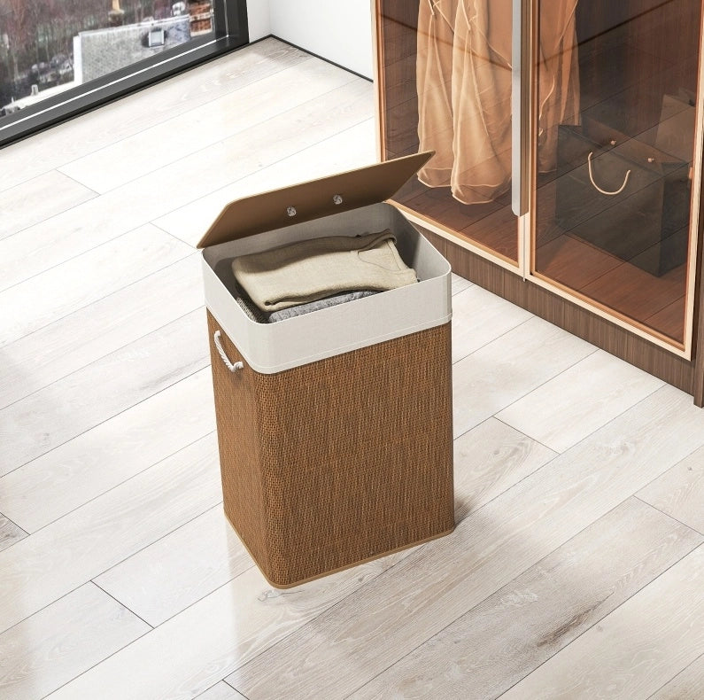 Cesto portabiancheria in bambù con coperchio 72L e sacco estraibile lavabile, con maniglie in corda, per bagno e camera da letto, marrone