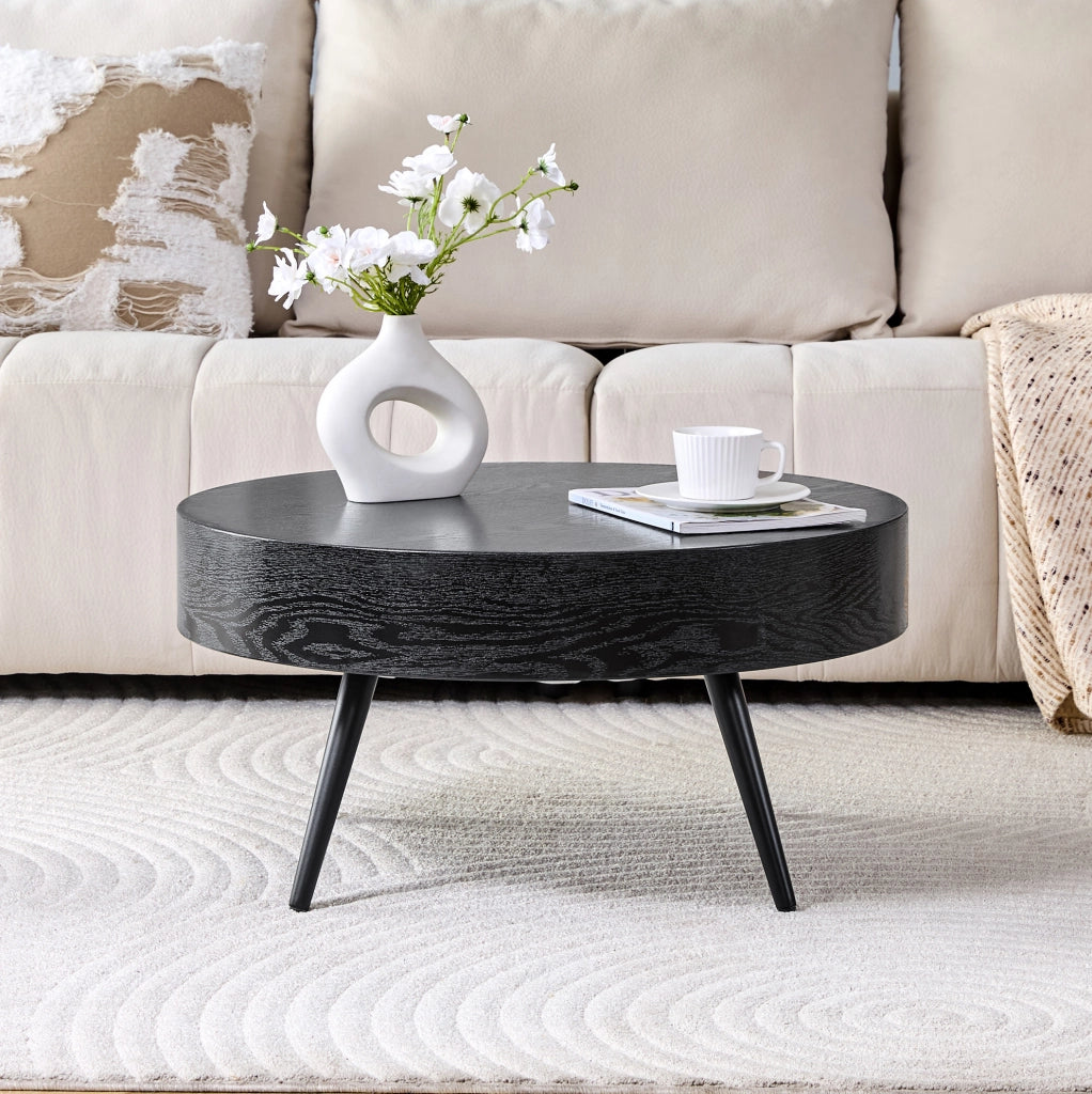 Tavolino rotondo in MDF effetto legno nero con gambe in metallo nero, Ø 70 cm, design minimalista per soggiorno