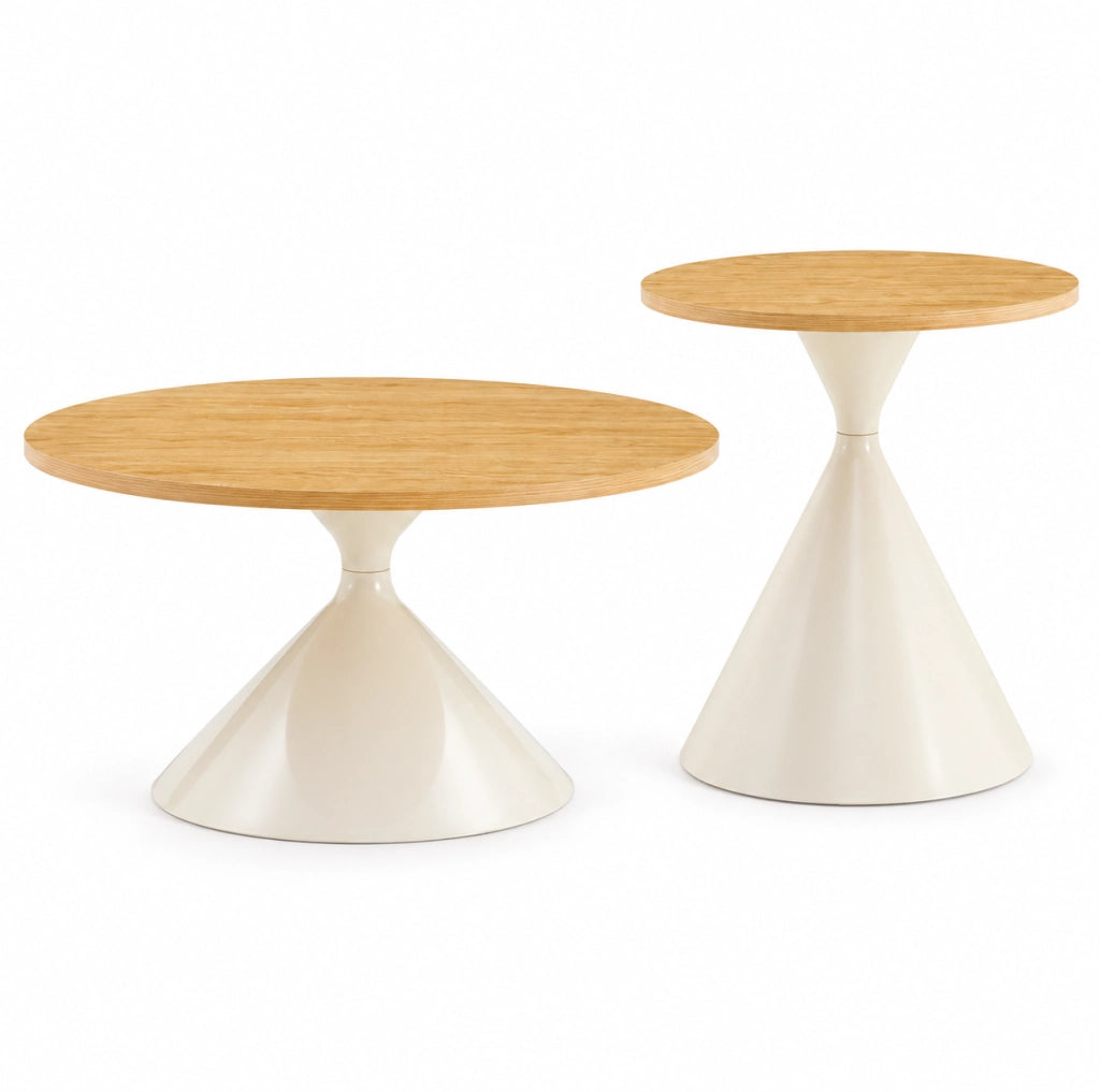 Set di 2 Tavolini rotondi da salotto, Ø70 x H40 cm e Ø50 x H50 cm, piano in effetto legno crema con struttura in acciaio crema