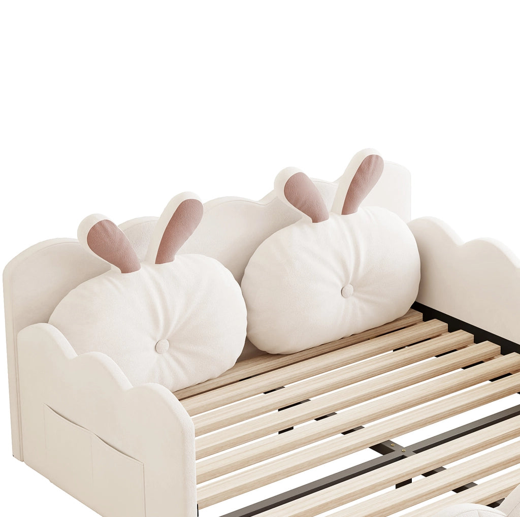 Letto a piattaforma imbottito 140x200 cm con cuscino a coniglio; beige