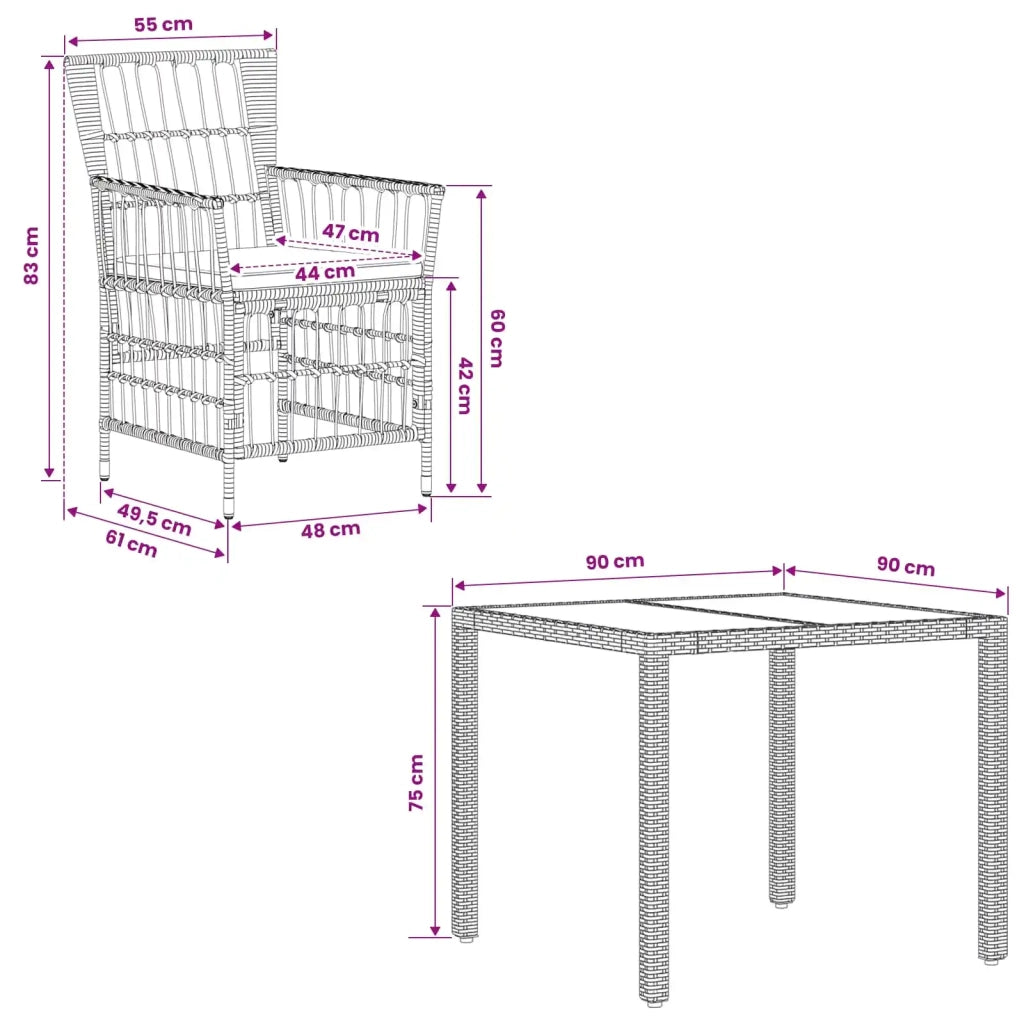 Set da pranzo per esterni 3 pz Nero polyrattan 3448932