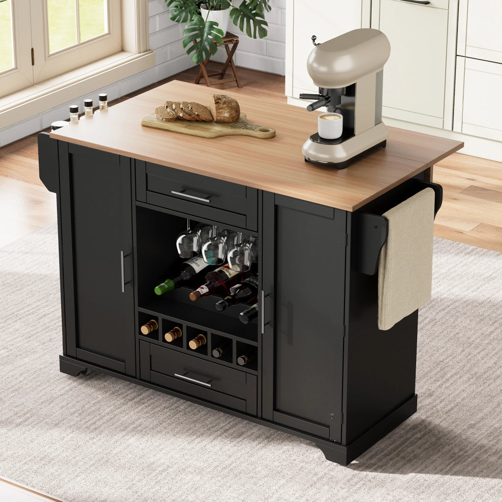 Carrello da cucina con piano pieghevole, 2 ante, 2 cassetti, portabottiglie e ruote per cucina e sala da pranzo