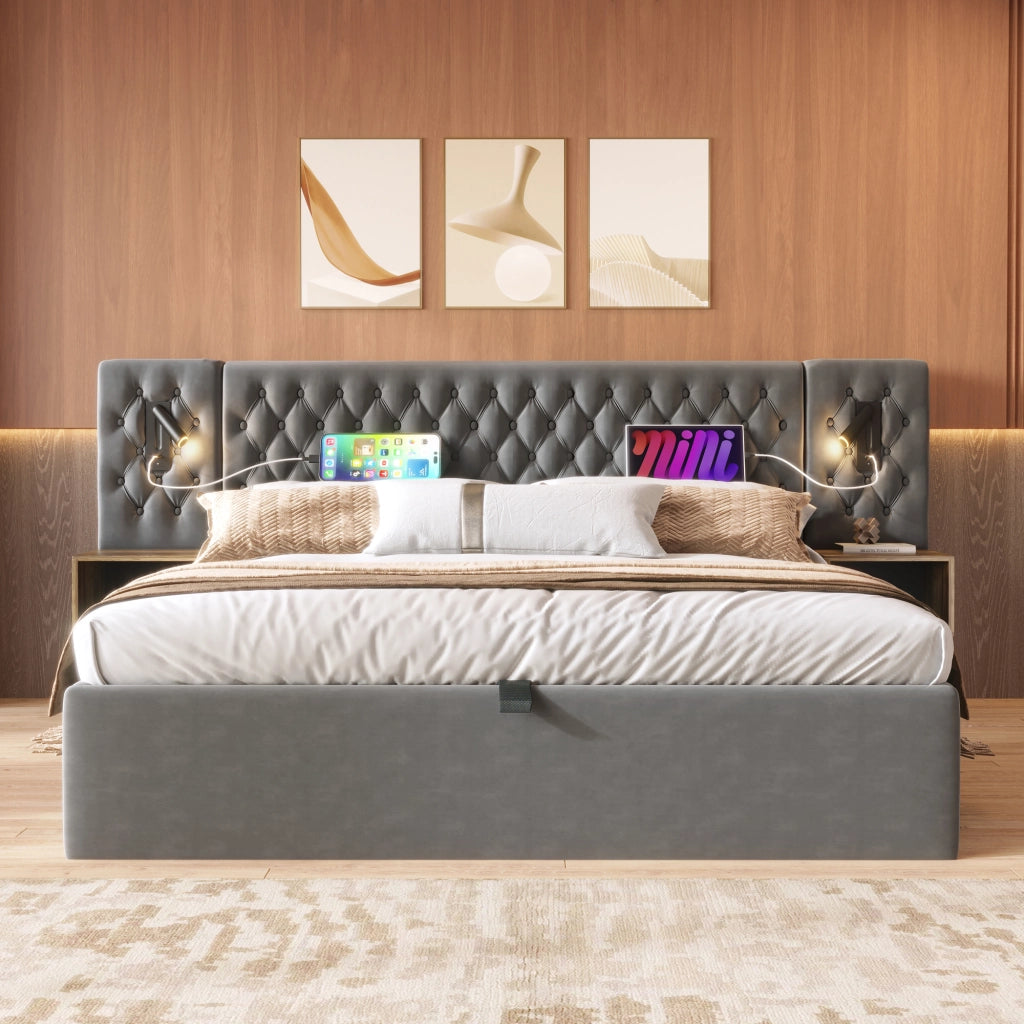 Letto matrimoniale 180 ¡Á 200 cm con contenitore idraulico in velluto grigio testiera con luci USB e Type-C