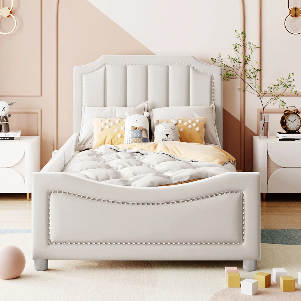 Letto imbottito per bambini 211x94;5 cm con schienale; utilizzabile come divano letto; flanella beige