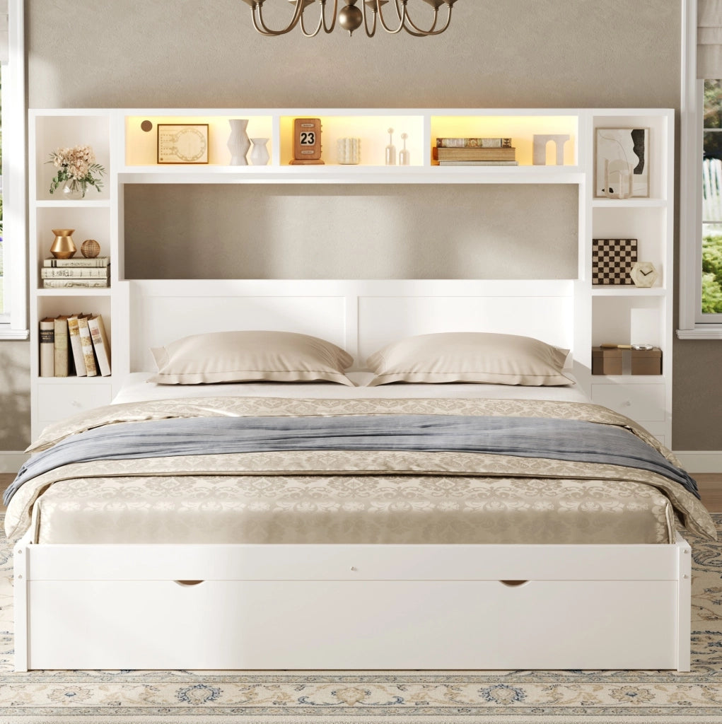 Letto Matrimoniale con 7 Cassetti e LED 140 x 200 cm - Bianco - Ideale per Camera da Letto - Senza Materasso