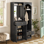 ARMADIO INGRESSO 100x35x180 cm Nero con specchio, appendiabiti e panca