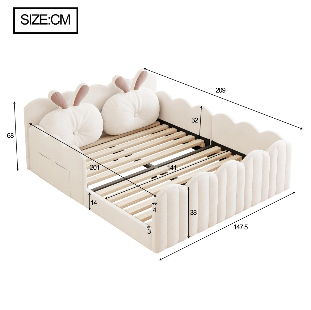 Letto Piattaforma Imbottito 140x200 cm con Cuscino con Orecchie di Coniglio, Beige