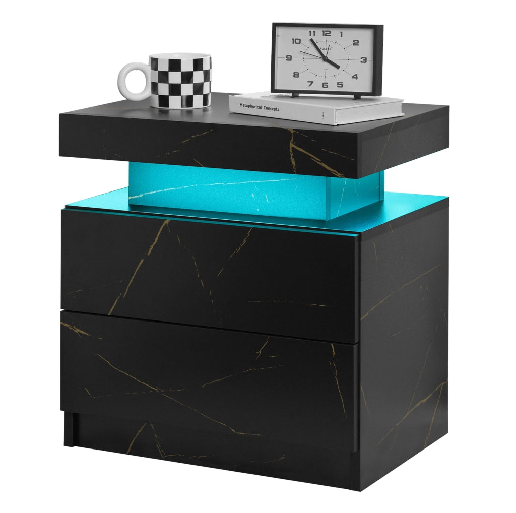 Comodino LED nero e oro con 2 cassetti