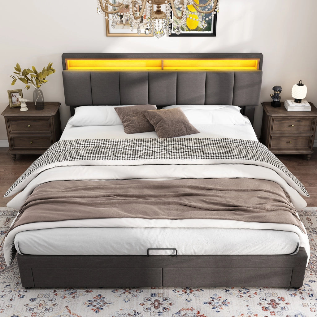 Letto imbottito matrimoniale 160x200 cm con LED; rete a doghe; contenitore; grigio scuro in lino e acciaio