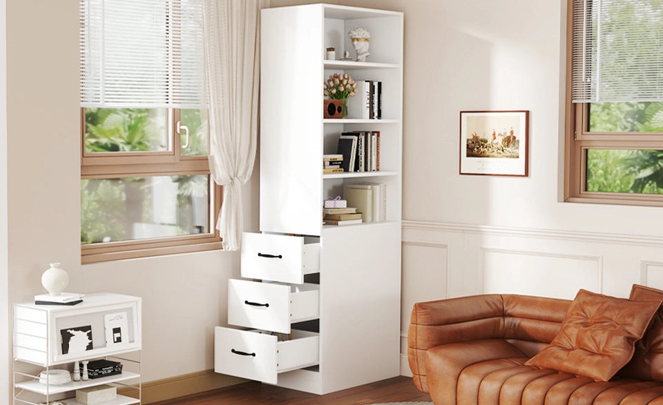 Libreria sottile 180 cm con cassetti laterali e ripiani regolabili, salvaspazio per piccoli ambienti