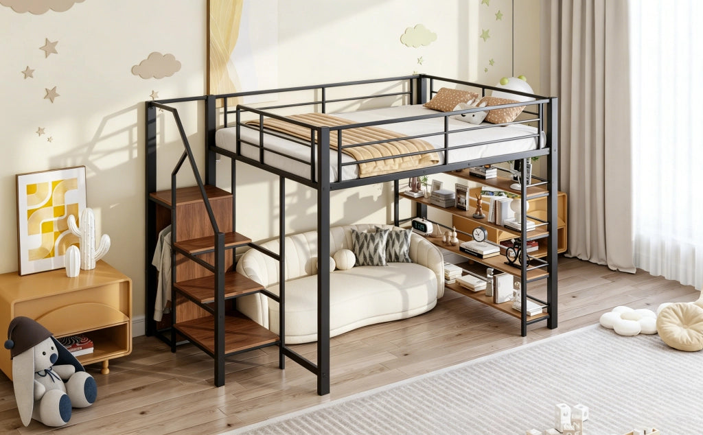 Letto a soppalco 140 × 200 cm con scala contenitore armadio e ripiani in metallo nero
