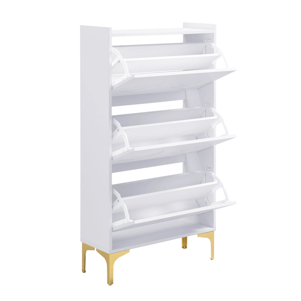 Scarpiera verticale salvaspazio a tre livelli in MDF bianco con gambe in metallo dorato, per ingresso 63 × 24 × 120 cm
