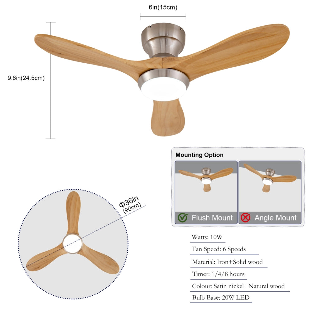Ventilatore da soffitto incassato 36" con pale in legno massello di noce, motore DC silenzioso reversibile, 6 velocità regolabili