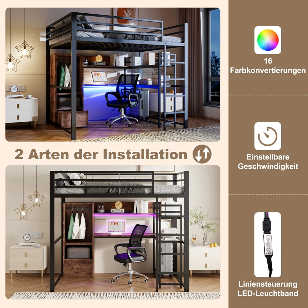 Letto a soppalco 140x200 cm con scrivania; LED; cassetto e ripiani in metallo e MDF nero