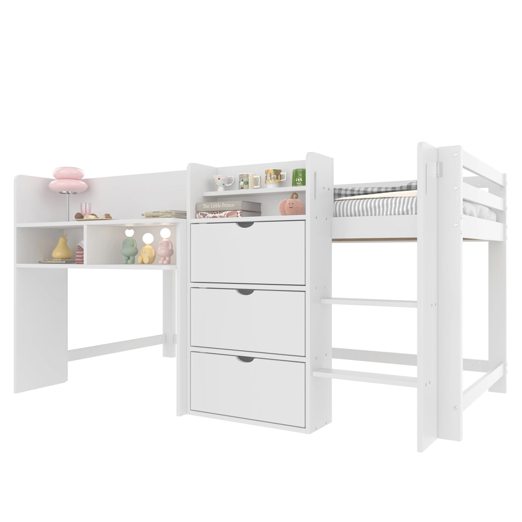 Letto alto bianco in pino con vani di stoccaggio e zona intrattenimento 90x200 cm
