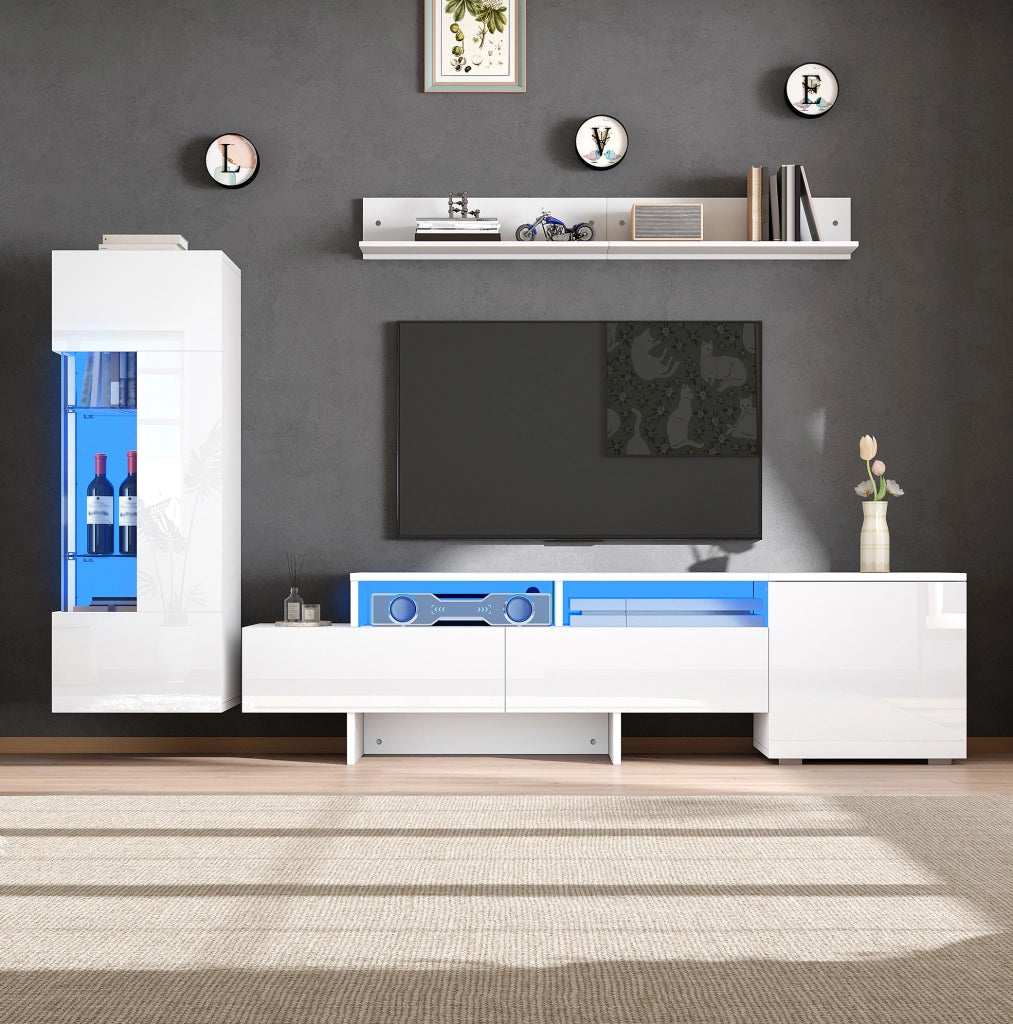 Set mobili TV 3 pezzi con LED e frontali lucidi bianco HOMVRA