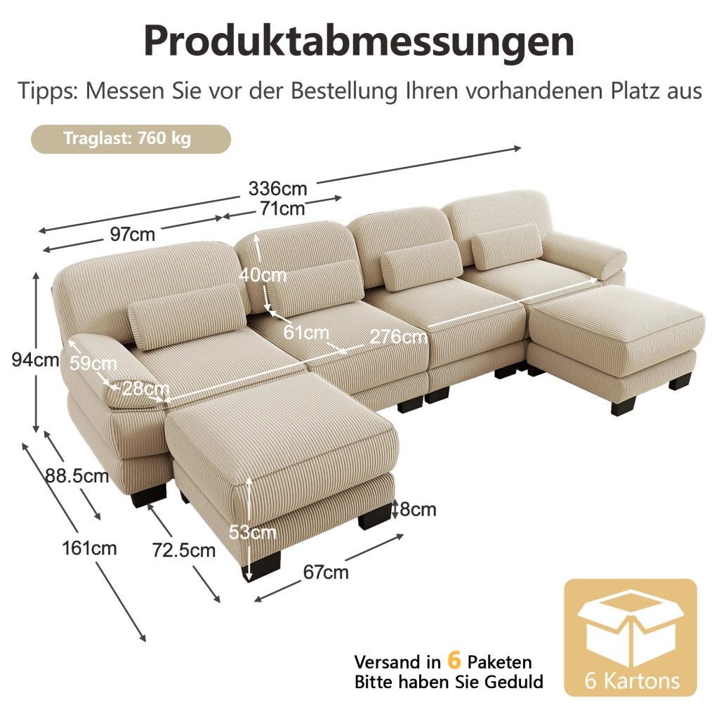 Divano modulare componibile a U in tessuto a coste beige 336x161x94 cm