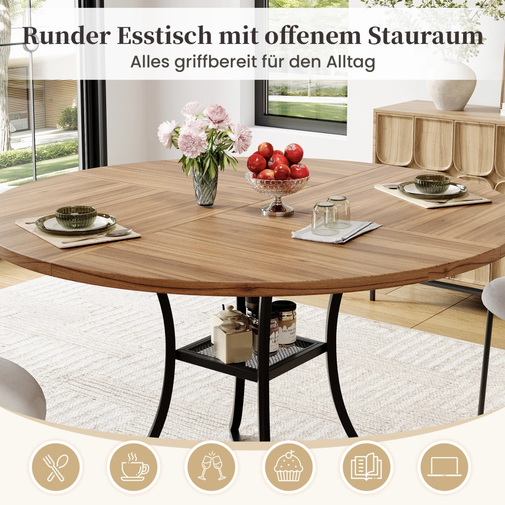Tavolo da pranzo rotondo 4–6 persone con ripiano MDF effetto noce e struttura metallo nero 100 × 100 × 75 cm