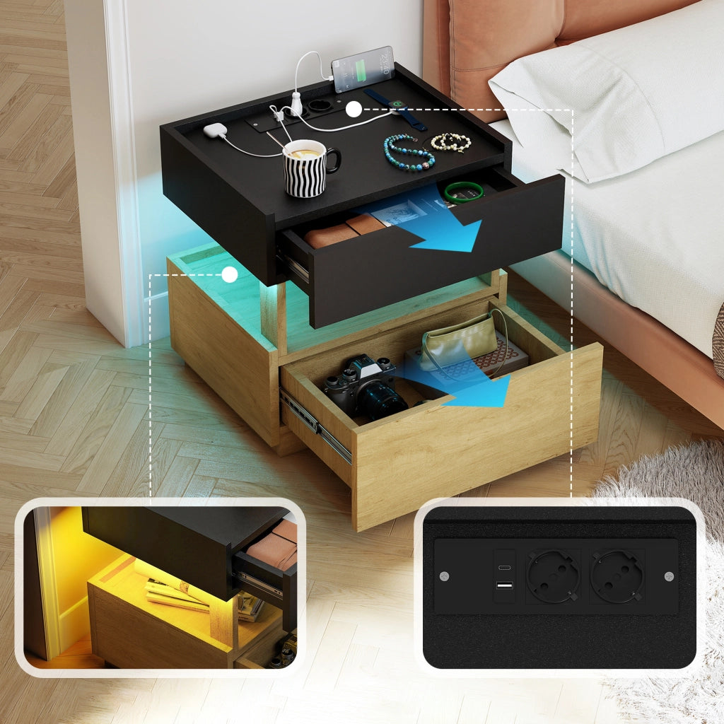 Comodino con ricarica senza fili, porte USB, LED e 2 cassetti bicolore per camera da letto, 50 × 40 × 50 cm