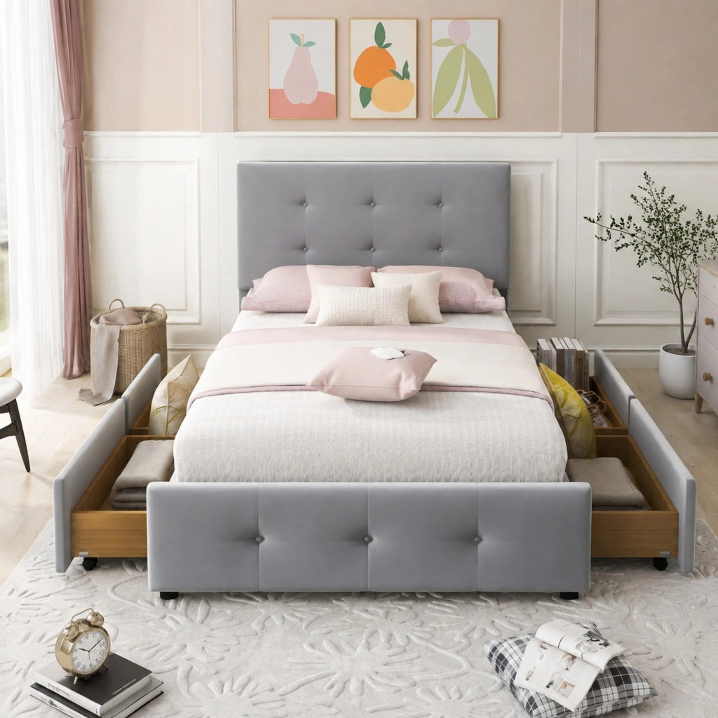 Letto per bambini imbottito 90x200 cm con cassetto contenitore; rete a doghe e testiera; velluto grigio