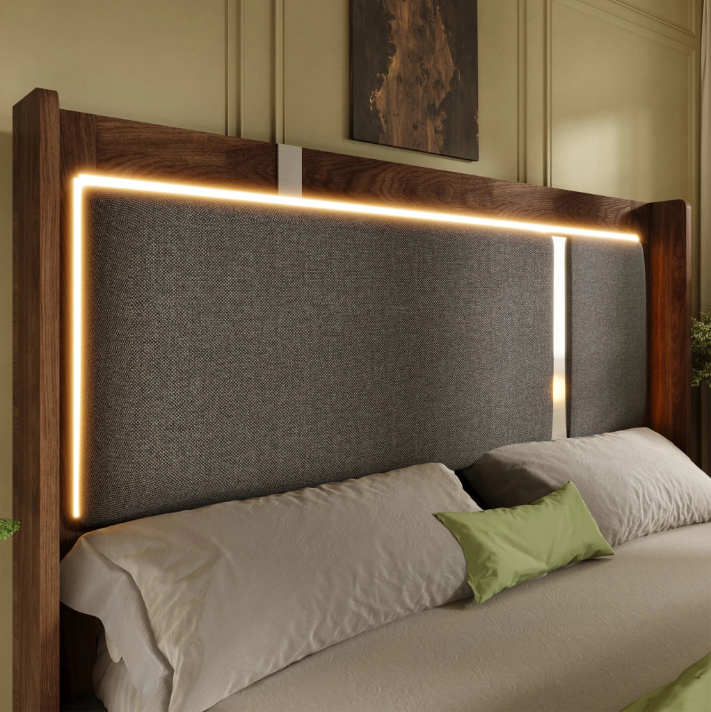 Letto imbottito 140x190 cm con LED e contenitore idraulico in lino grigio e noce