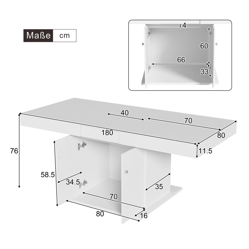 Tavolo da pranzo allungabile con contenitore, 140/180 cm, bianco, in truciolare e metallo