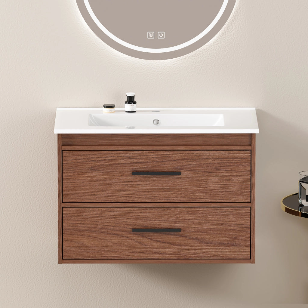 Armadietto da bagno con 2 cassetti scorrevoli silenziosi in MDF marrone rossiccio larghezza 75 cm