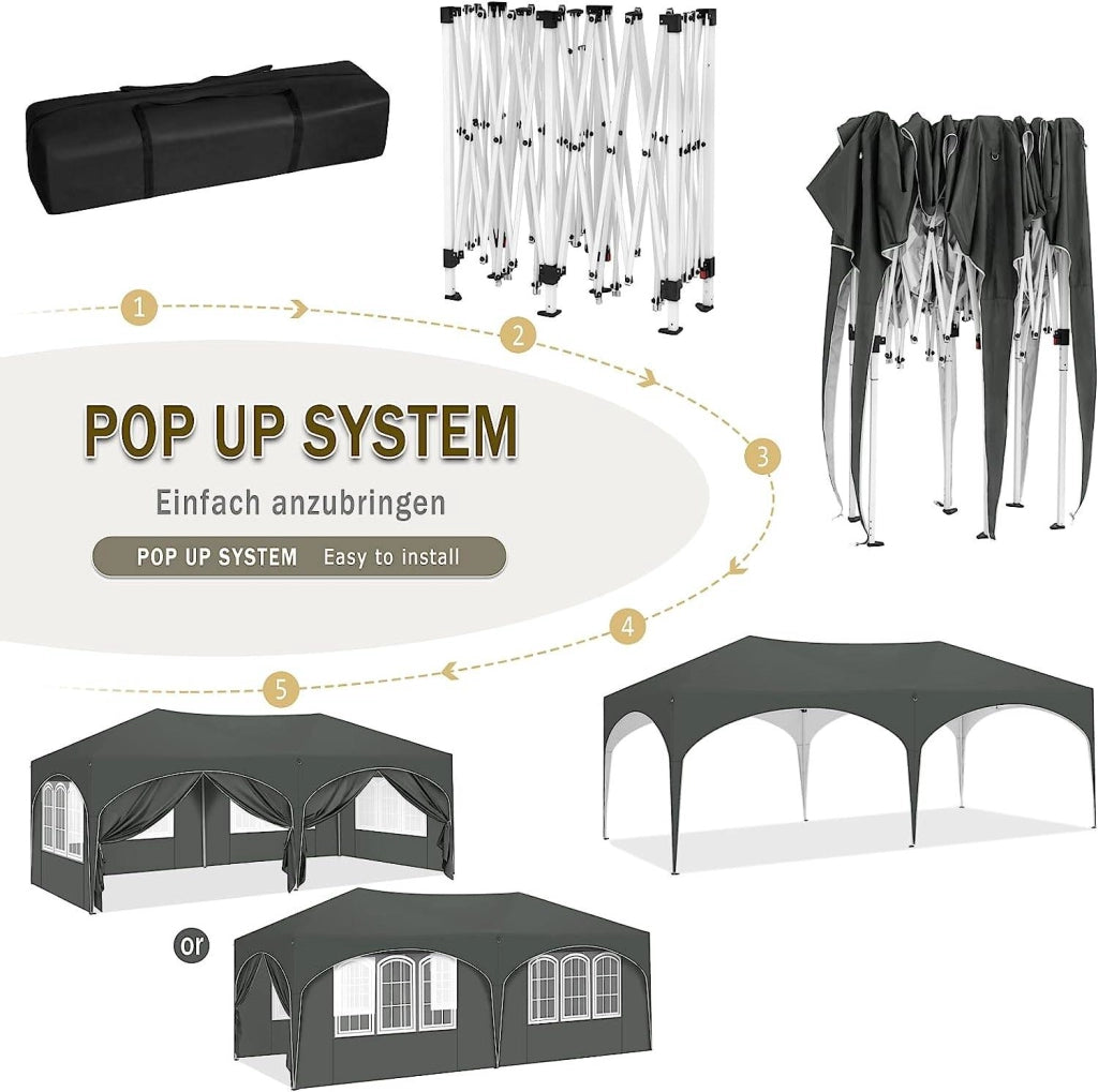 Gazebo pieghevole 3 × 6 m con 6 pareti rimovibili; telo Oxford 210D idrorepellente grigio con protezione UV 50+
