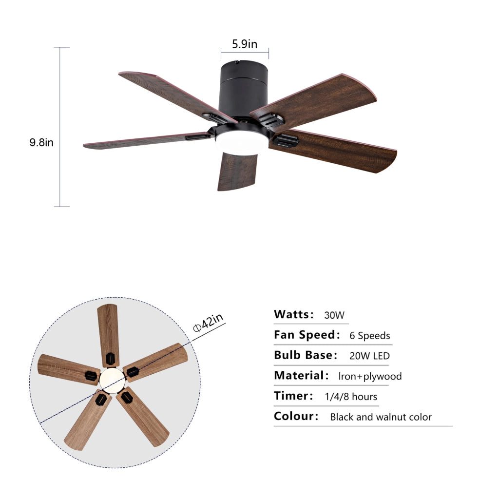 Ventilatore da soffitto 42" nero con luce LED dimmerabile e telecomando, motore DC reversibile