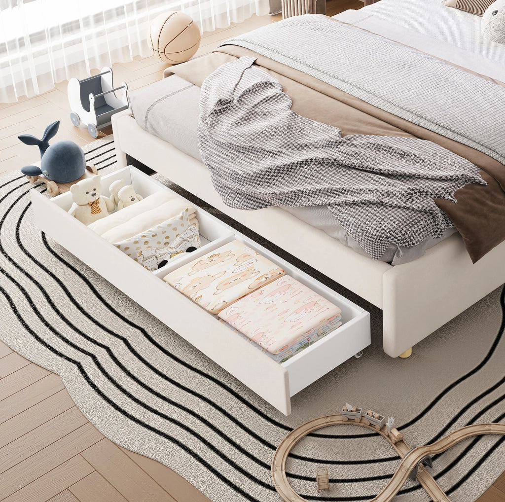 Letto imbottito per bambini 140x200 cm con scivolo reversibile; LED e vano contenitore beige HOMVRA