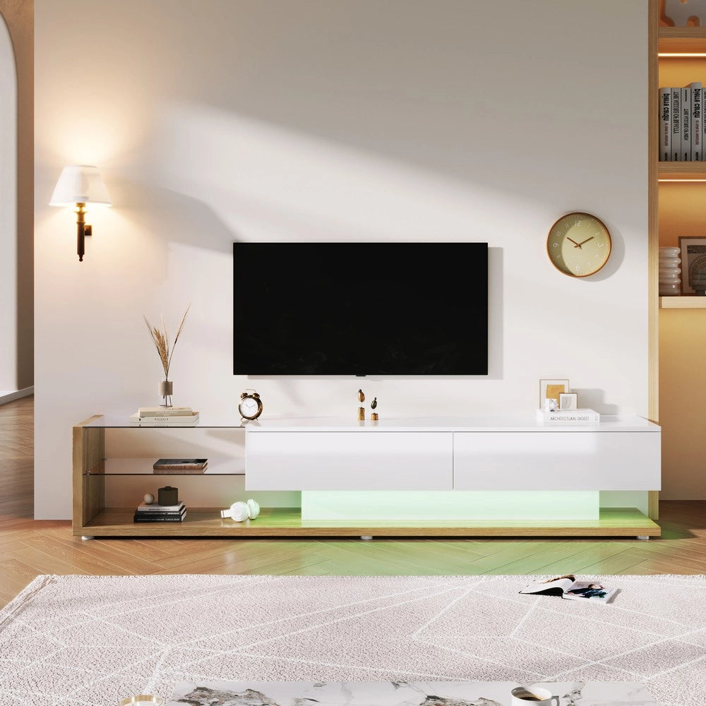 Mobile TV con LED ¨C Xylo ¨C Bianco Lucido e Legno con Ante in Vetro
