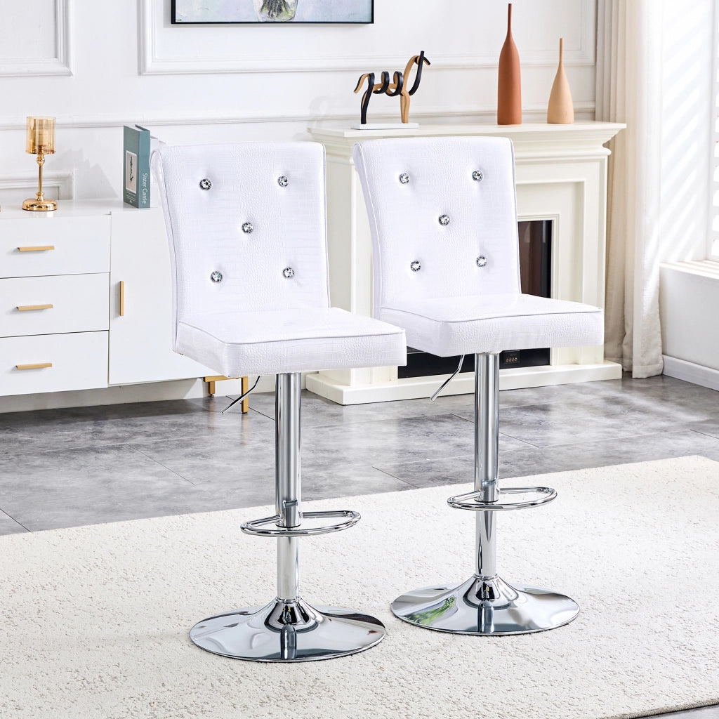 Set di 2 Sedie da Pranzo; Schienale Capitonne con Bottoni Cristallo; per Cucina; PVC; Bianco