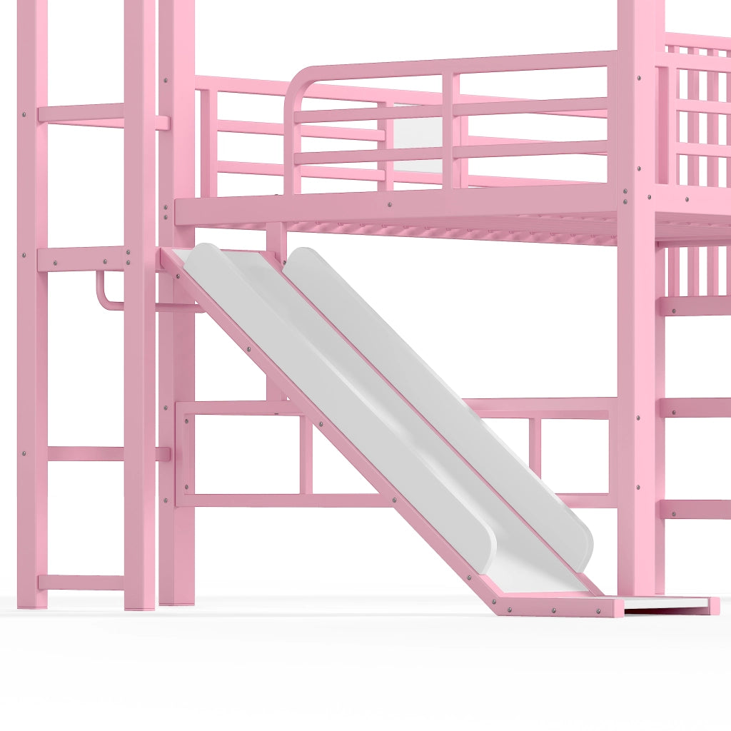 Letto a soppalco 140 × 200 cm con scivolo scala con ripiani LED Bluetooth in metallo e MDF rosa