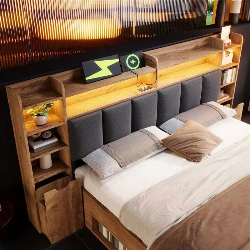 Letto Matrimoniale 180x200 cm Contenitore; LED; USB; Type-C in Legno; Rovere