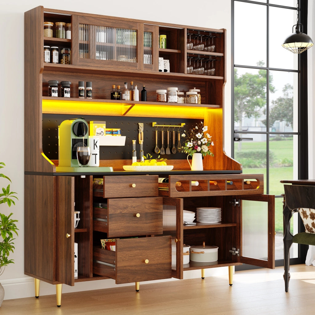 Colonna da cucina con LED controllabile tramite app ripiani regolabili portabottiglie estraibile noce 145 × 39 × 171 cm
