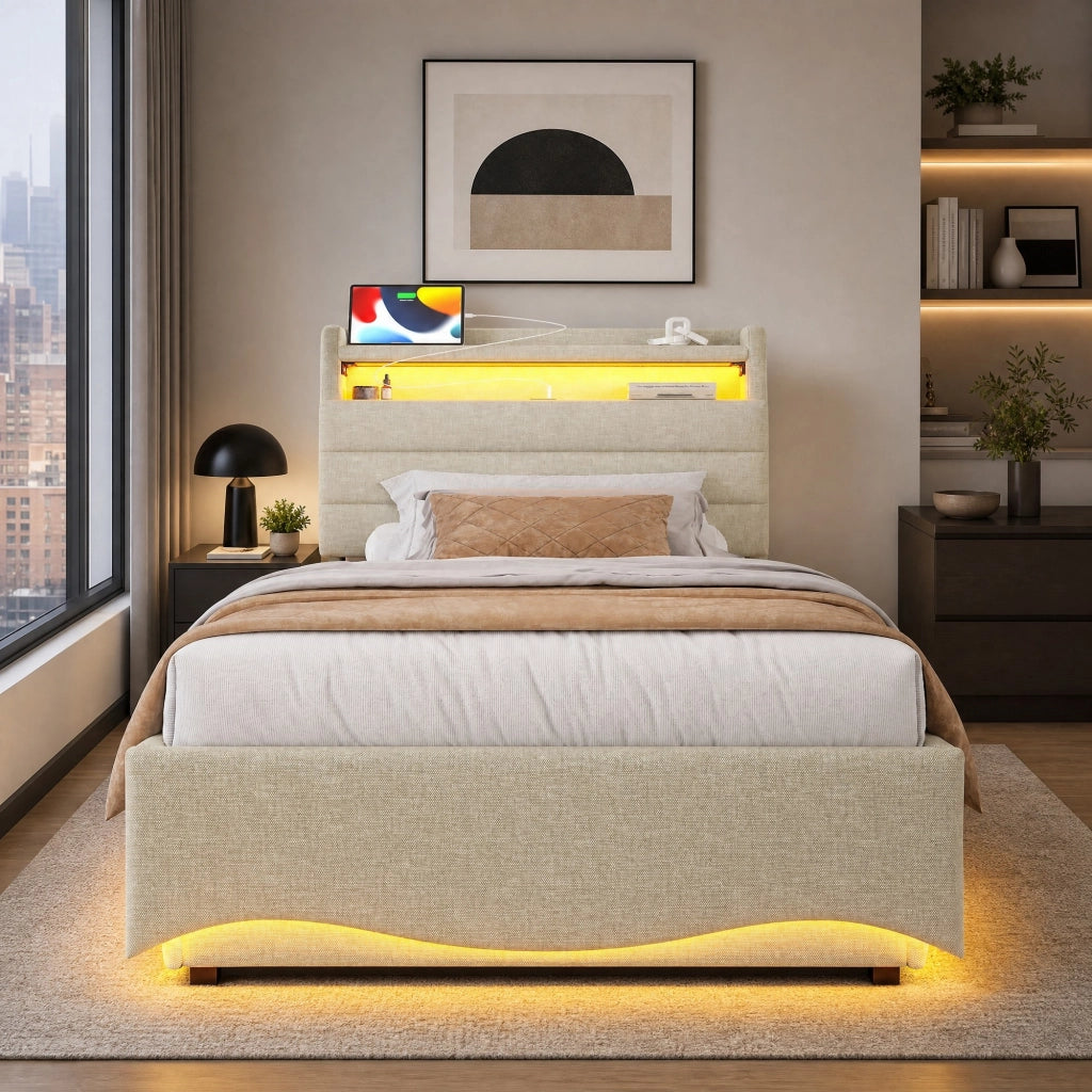 Letto singolo con contenitore 90 × 200 cm con LED; USB e Type-C; rivestito in lino beige con vano a ribalta