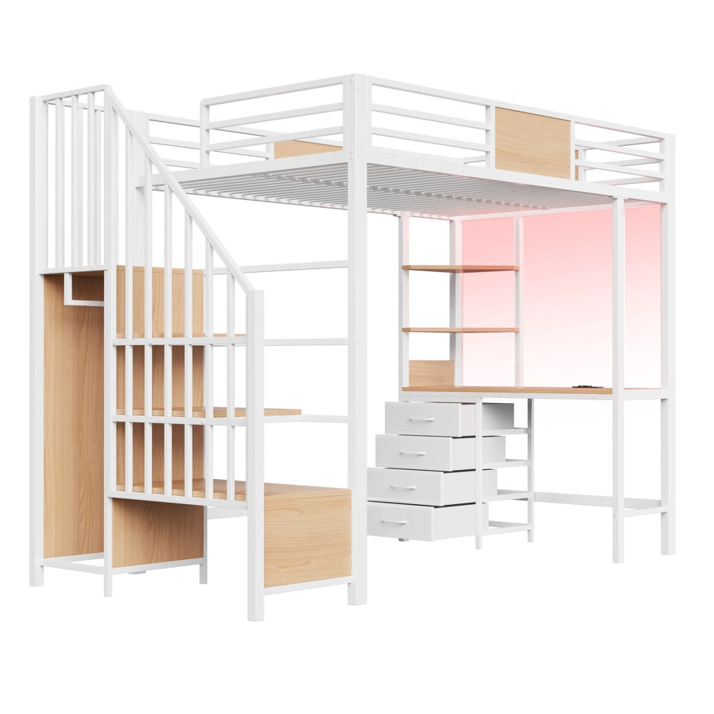 Letto a soppalco per bambini 90x200 cm con scrivania; LED e presa; ripiani e barra appendiabiti; metallo bianco
