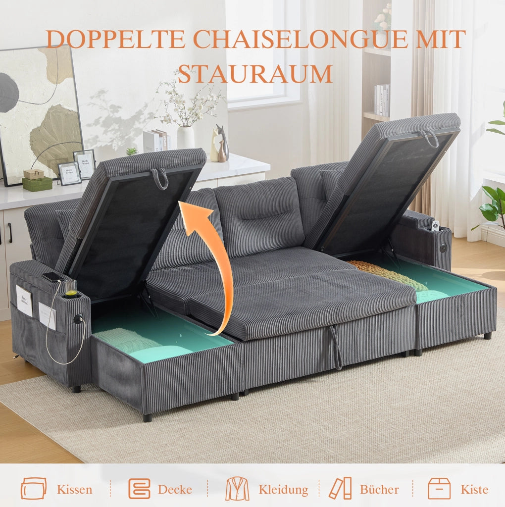 Divano 4 posti in tessuto a coste con doppia chaise longue