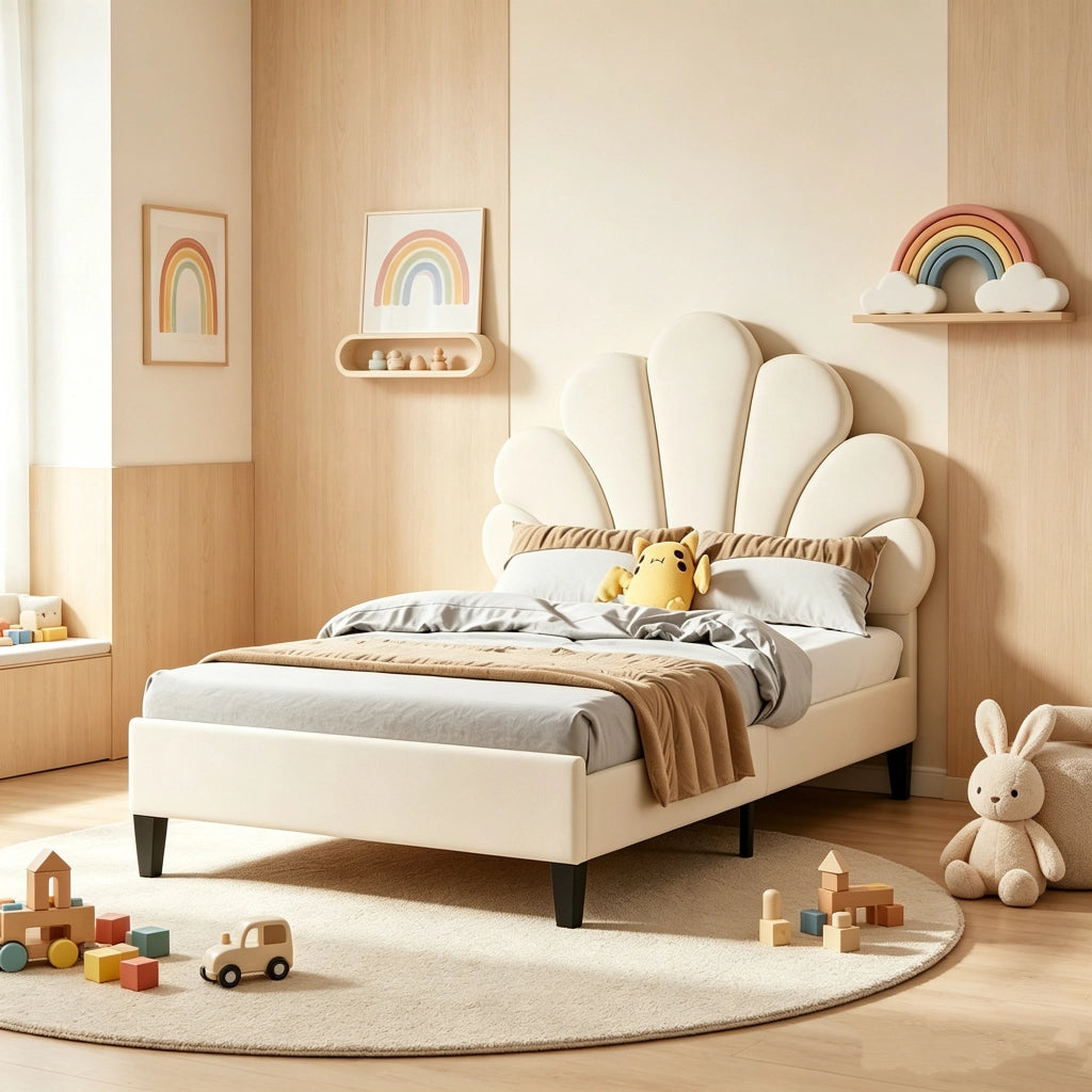 Letto Singolo per Bambini 90x200cm;Letto imbottito con Testiera Regolabile a Forma di Petalo;per Bambini; Adolescenti;Velluto Beige; senza Materasso