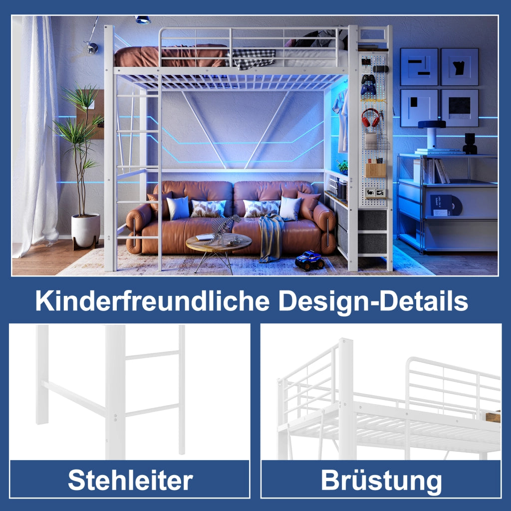 Letto a soppalco 90 × 200 cm con 4 cassetti LED prese USB e Type-C in metallo e MDF bianco