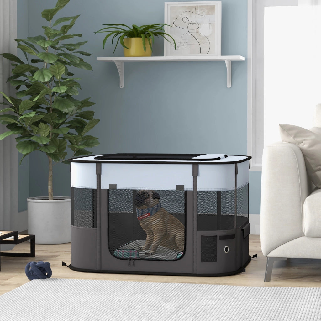 Recinto Pieghevole per Cani Gatti Animali Domestici in Tessuto Oxford con Scomparto ¨C Minimal ¨C 84x64x53 cm Grigio Nero