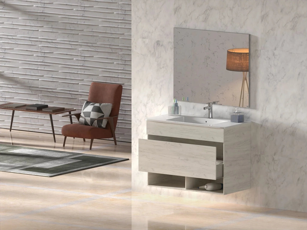 Mobile Bagno NEBARI Già Montato 1 cassetto, lavabo e specchio Estepa 90x45 cm