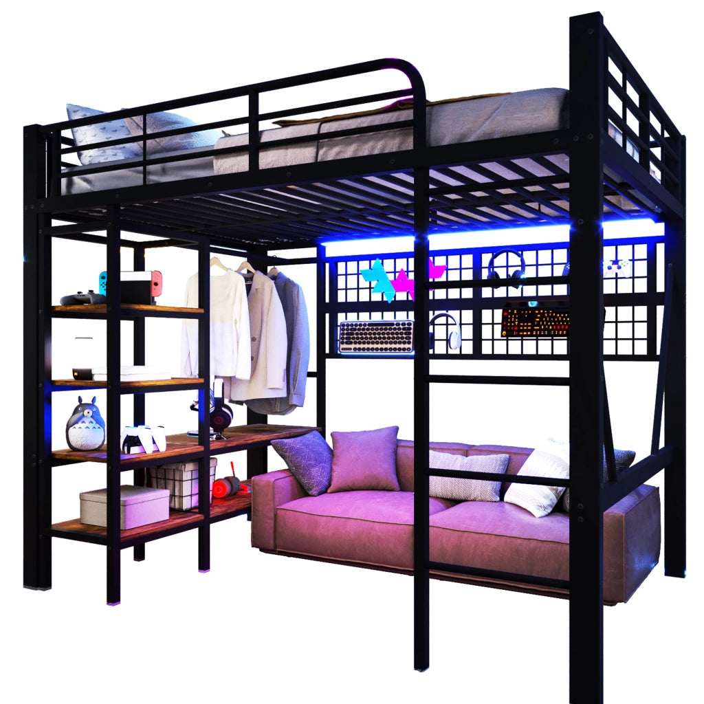 Letto a soppalco 140 × 200 cm con luci LED app ripiano rete appendiabiti metallo MDF nero senza materasso