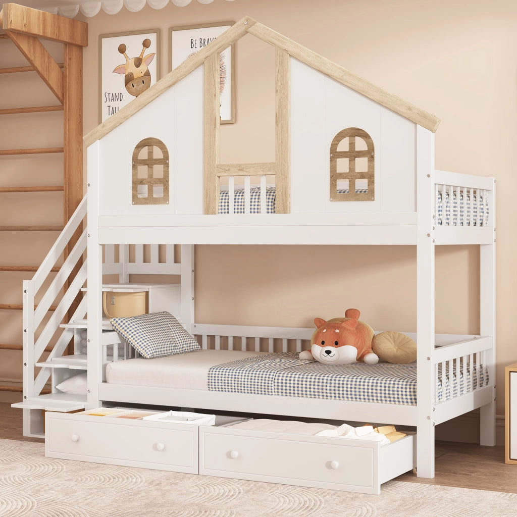 Letto a castello per bambini 90 x 200 cm a casetta; pino e MDF; scala contenitore; bianco e legno naturale
