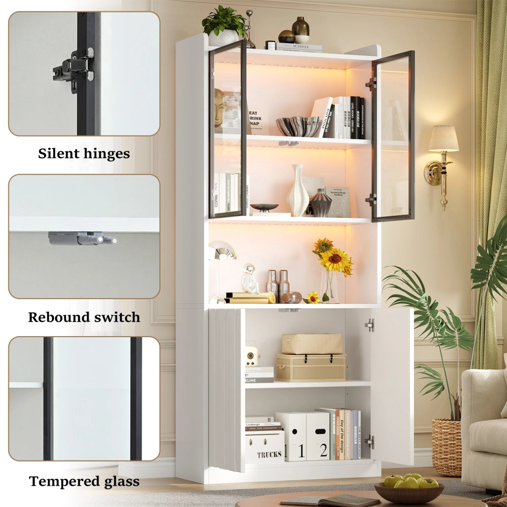 Vetrina con 4 ante; LED Bluetooth e ripiani regolabili in truciolare bianco 80 × 35 × 200 cm