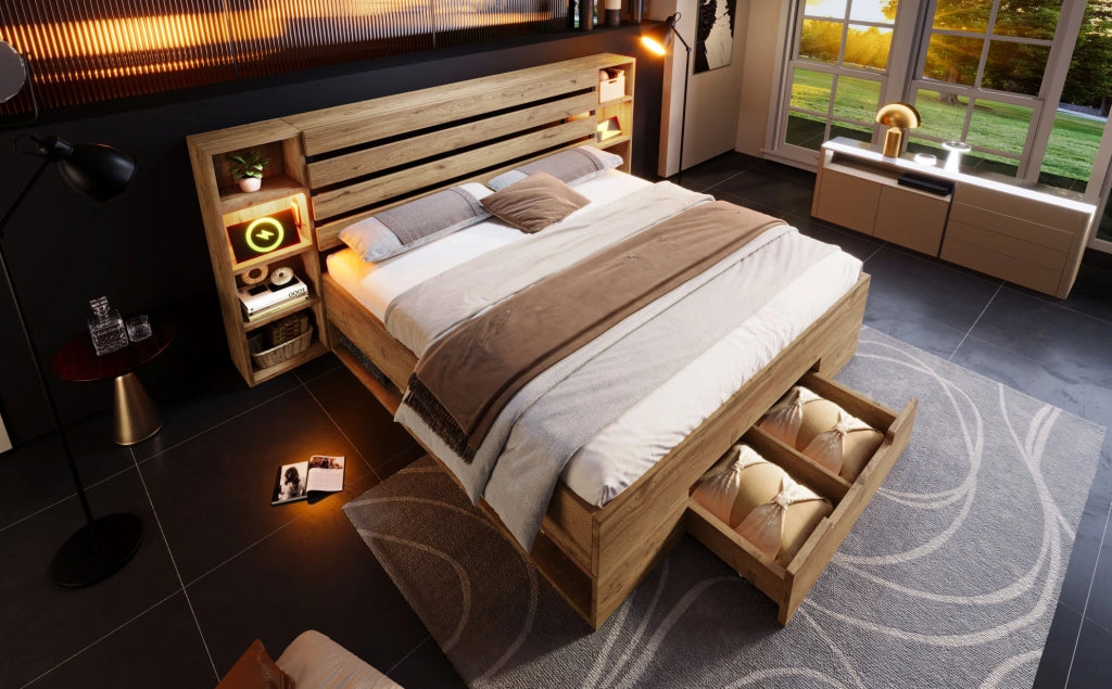 Letto matrimoniale 180x200 in legno massello con contenitori, illuminazione LED e ricarica USB-C, struttura robusta in metallo e MDF, colore rovere (senza materasso)