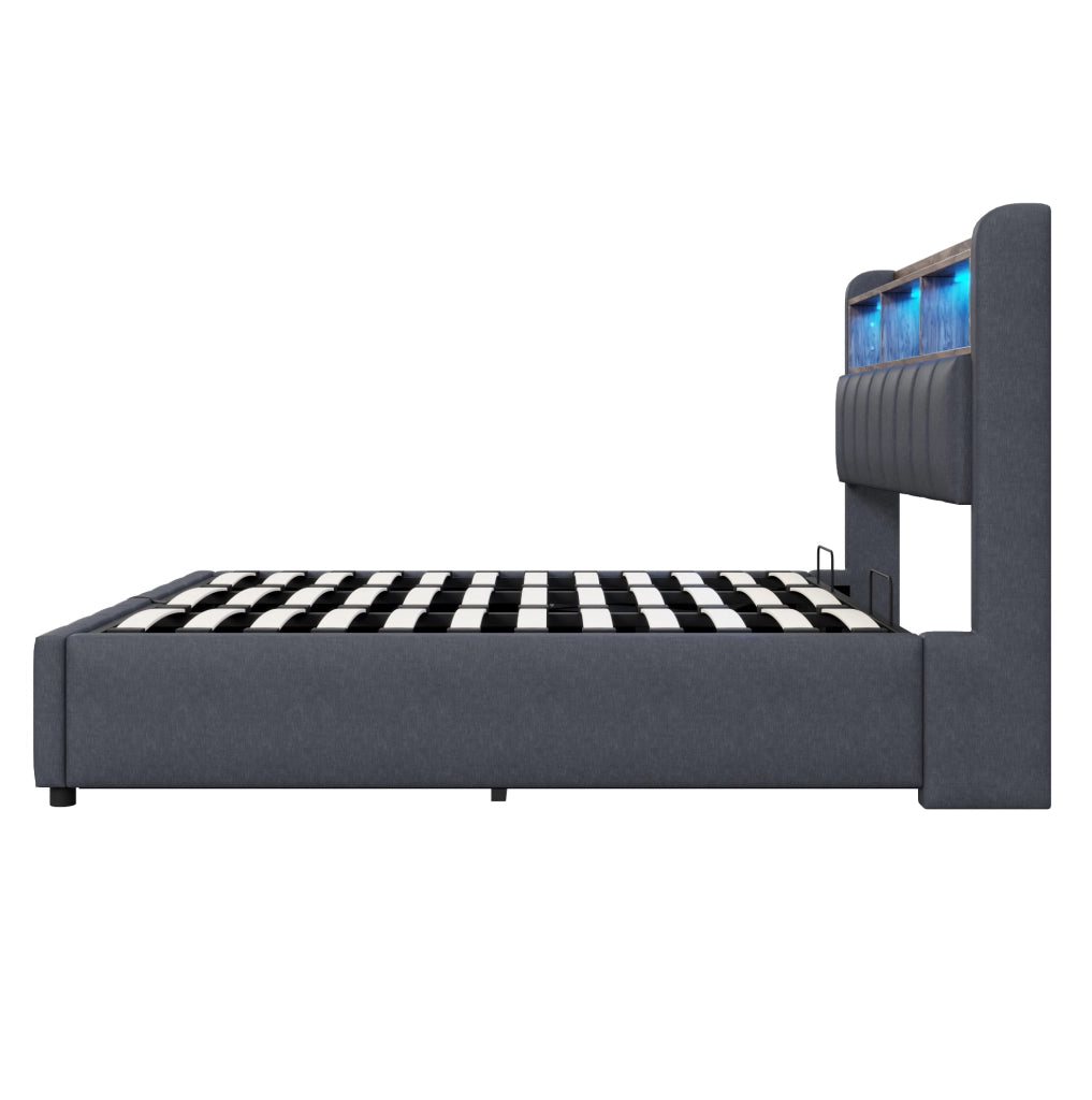 Letto imbottito 180x200 cm con LED; contenitore; USB e Type-C; grigio