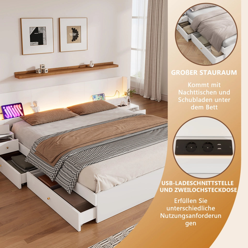 Letto matrimoniale 180 × 200 cm con LED; prese e USB; due comodini e cassetti; in MDF bianco; senza materasso